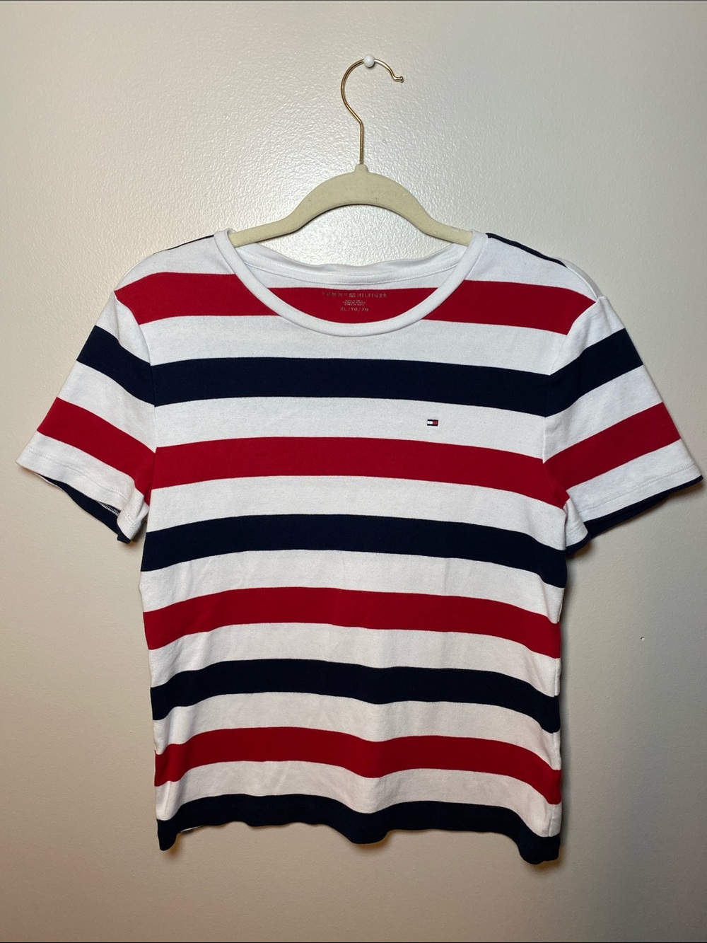 Tommy Hilfiger Red Navy White Striped Cotton Crewneck Tee
